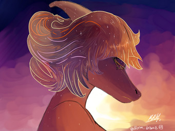 anthro biped blonde_hair bone_frill cloud detailed_background female frill_(anatomy) frown hair half-closed_eyes long_hair looking_down narrowed_eyes outside side_view sky solo sunset text vvurm_drama cavemanon_studios i_wani_hug_that_gator mia_moretti dinosaur hadrosaurid ornithischian ornithopod parasaurolophus prehistoric_species reptile scalie 4:3 absurd_res artist_name bust_portrait colored digital_media_(artwork) digital_painting_(artwork) hi_res painting_(artwork) portrait shaded