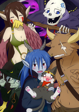 2_tails 4_toes 5_fingers ambiguous_gender anterior_nasal_aperture anthro biped black_body black_fur blue_eyes blue_hair blush bodily_fluids bone bra breasts brown_body brown_feathers brown_fur brown_hair cape cheek_tuft circlet cleavage clenched_teeth cloak clothed clothing colored_nails covering covering_mouth cute_fangs dipstick_tail drooling embarrassed empty_eyes eye_through_hair eyes_closed facial_markings facial_piercing facial_scar facial_tuft fangs feathered_arms feathers featureless_crotch feet female feral fingers fur fur_markings gesture green_body green_skin grey_body grey_hair grey_skin group hair half-closed_eyes hand_gesture hand_on_hip hand_on_shoulder hat head_markings headgear headwear hindpaw holding_character holding_melee_weapon holding_object holding_sword holding_weapon horn humanoid_pointy_ears jacket kemono kerchief laugh leg_markings light_body light_skin long_hair long_nose looking_at_another looking_at_viewer magic_user male markings melee_weapon multi_tail multicolored_body multicolored_fur multicolored_tail nails narrowed_eyes navel nose_piercing nose_ring nude open_mouth open_smile pawpads paws piercing pink_pawpads pointing pointy_ears polearm red_eyes red_nails ring_piercing saliva scabbard scar scythe shirt size_difference skeleton skull smile socks_(marking) sweat sword tail tail_markings teeth toes topless topwear translucent translucent_hair tuft two_tone_body two_tone_fur underwear weapon white_body white_fur witch witch_hat magumomo animal_humanoid animated_skeleton avian avian_humanoid bovid bovine cattle domestic_cat felid feline felis humanoid mammal undead 2015 hi_res
