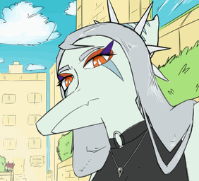 anthro blinking choker city cityscape female grey_hair hair jewelry long_hair long_snout looking_at_viewer makeup necklace pupils slit_pupils snout solo vensaru cavemanon_studios goodbye_volcano_high ko_op_(game_developer) snoot_game fang_(gvh) prehistoric_species pterosaur reptile scalie animated nonbinary_(lore)