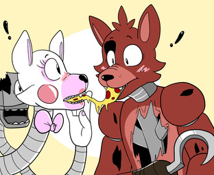 anthro blush bow_tie cheek_tuft confusion duo eating exclamation_point eye_patch eyelashes eyewear facial_tuft female fingers food head_tuft hook intraspecies lipstick machine makeup male male/female nails pink_body pizza red_body sharp_teeth teeth tuft white_body itsaaudraw five_nights_at_freddy's five_nights_at_freddy's_2 scottgames foxy_(fnaf) mangle_(fnaf) animatronic canid canine fox mammal robot 2015