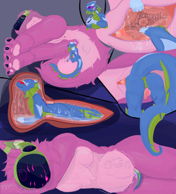 abdominal_bulge anthro belly bodily_fluids butt comic_panel duo female internal machine male male/female size_difference sleeping unbirthing vaginal vore chehpaper mythology dragon mythological_creature mythological_scalie protogen scalie hi_res