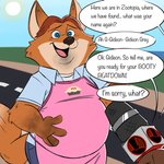 anthro apron baker belly blue_eyes clothing dialogue interview male slightly_chubby text trashtoonz disney zootopia gideon_grey canid canine fox mammal red_fox true_fox 1:1 comic english_text hi_res