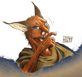 5_fingers ambiguous_gender anthro blood blue_eyes bodily_fluids brown_body brown_fur clothed clothing ear_tuft facial_scar fingers fur inner_ear_fluff looking_at_viewer nosebleed pawpads scar simple_background solo tears tuft white_background wounded 0laffson shadi_(0laffson) caracal caracal_(genus) felid feline mammal 2015 bust_portrait portrait signature traditional_media_(artwork)
