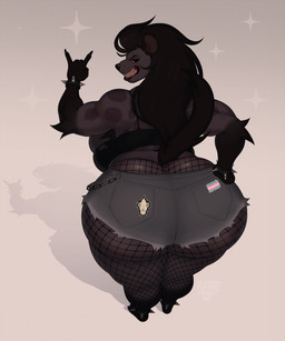 alternative_fashion anthro big_butt bone bottomwear bracelet butt clothing devil_horns_(gesture) female fishnet_clothing fishnet_legwear gesture gynomorph hair hand_gesture hand_on_hip intersex jewelry legwear lgbt_pride long_hair looking_back musclegut muscular muscular_female overweight overweight_anthro overweight_female overweight_gynomorph overweight_intersex patch_(fabric) pose pride_colors punk shorts skull slightly_chubby slightly_chubby_anthro slightly_chubby_female slightly_chubby_gynomorph slightly_chubby_intersex smile solo spiked_bracelet spikes thick_thighs topwear transgender_pride_colors satanic_bimbo yeehaw_goth khete gnoll hyena mammal hi_res