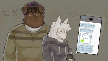 acne albino ankh ankh_necklace anthro bandage bandage_on_face black_coded bonnet brown_body brown_fur bruh clothing dreadlocks duo ear_piercing ellipsis facial_hair floppy_ears freckles fur headgear headwear hoodie jewelry male male/male markings mole_(marking) necklace olive_eyes pet_name piercing pink_eyes pink_nose profanity sweater text texting texting_ui topwear white_body white_fur cerberussenn aj_morales_(cerberussenn) louie_sweeto_(cerberussenn) rj_holiday_(cerberussenn) canid canine canis domestic_dog livestock_guardian_dog mammal molosser mountain_dog pastoral_dog tibetan_mountain_dog wolf absurd_res english_text hi_res reaction_image
