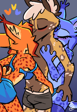 4_fingers ambiguous_anthro ambiguous_gender anthro biped black_eyebrows blue_background blue_body blue_bottomwear blue_bra blue_clothing blue_fur blue_legwear blue_markings blue_skirt blue_spots blue_underwear blush bottomwear boxers_(clothing) bra brown_body brown_ears brown_fur brown_markings bulge cheek_tuft clothed clothed_ambiguous clothed_anthro clothed_female clothed_male clothing dipstick_ears ear_markings ear_tuft eyebrows eyelashes eyes_closed facial_tuft female female_anthro fingers fur fur_markings gloves_(marking) gradient_background grey_background grey_boxers grey_clothing grey_underwear group hair head_tuft heart_symbol inner_ear_fluff interspecies kissing legwear male male/ambiguous male/female male_anthro markings multicolored_body multicolored_ears multicolored_fur orange_body orange_fur purple_blush purple_nose red_blush red_ear_tips red_markings red_spots red_tuft removing_bra simple_background skirt spots spotted_body spotted_fur standing tan_inner_ear tan_inner_ear_fluff topless topless_ambiguous topless_anthro topless_male trio tuft underwear undressing undressing_self white_body white_fur white_hair white_inner_ear_fluff yellow_body yellow_fur theblueberrycarrots berry_(theblueberrycarrots) carrot_(theblueberrycarrots) milo_(juantriforce) african_wild_dog canid canine felid feline lynx mammal 2025 digital_drawing_(artwork) digital_media_(artwork) hi_res male_(lore)