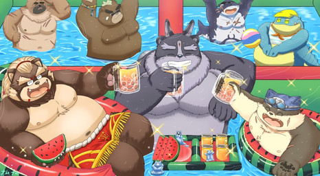 anthro ball belly blue_body brown_body eyes_closed eyewear food fruit group kemono male melon moobs nipples overweight overweight_male plant scar sunglasses tropical water watermelon watermelon_slice harumuname lifewonders tokyo_afterschool_summoners ashigara_(tas) goemon_(tas) makara_(tas) moritaka_(tas) tsathoggua_(tas) typhon_(tas) yasuyori_(tas) aquatic bear canid canine canis crocodile crocodilian domestic_dog fish mammal raccoon_dog reptile scalie shark tanuki 2021