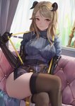 belt blonde_hair breasts clothing female gloves hair handwear horn inside latex legwear looking_aside not_furry sitting smile solo stockings yellow_eyes eru_(eru_illust) arknights hypergryph studio_montagne meteorite_(arknights) horned_humanoid humanoid 2020 absurd_res hi_res