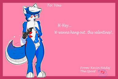 4_eyes anthro blue_body blue_fur blush bodily_fluids erection fangs fur fur_markings genital_fluids genitals heterochromia holidays knot knotted_penis leaking_precum looking_at_viewer male markings multi_eye penis precum robotic_arm solo tail tail_motion tailwag tapping_fingers teeth valentine's_day_card white_body white_fur spoofermweb valentine's_day kevin_nadej canid canine canis hybrid mammal wolf 3:2 absurd_res hi_res