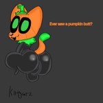 anthro balls big_balls big_butt black_body black_fur butt food fruit fur genitals green_eyes huge_balls huge_butt looking_at_viewer male orange_body orange_fur plant pumpkin remake simple_background solo text kittycatz pumkat domestic_cat felid feline felis mammal 1:1 english_text hi_res watermark