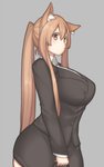 big_breasts black_clothing blonde_hair bottomwear breasts brown_eyes clothed clothing curvy_figure female fully_clothed grey_background hair holding_object hourglass_figure inner_ear_fluff light_body light_skin long_hair long_ponytail looking_at_viewer ponytail side_view simple_background skirt solo standing suit tuft wide_hips mog_(artist) animal_humanoid canid canid_humanoid canine canine_humanoid fox_humanoid humanoid mammal mammal_humanoid 5:8