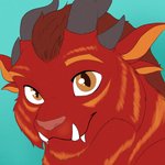 anthro fangs fur horn krynek male orange_eyes pink_nose red_body red_fur solo teeth dunnowhattowrite guild_wars charr felid mammal 1:1 icon