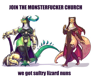 anthro big_breasts biped breasts claws clothed clothed_anthro clothed_female clothing duo female fingers front_view horn looking_at_viewer navel non-mammal_breasts non-mammal_navel nun nun_habit profanity religious_clothing simple_background small_breasts standing tail teeth text thick_thighs tongue wide_hips lluisabadias lizard reptile scalie 2026 absurd_res digital_drawing_(artwork) digital_media_(artwork) english_text hi_res