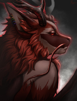 ambiguous_gender anthro black_horn ear_piercing fur horn intersex looking_at_viewer male piercing red_body red_eyes red_fur ring solo tuft wings korigahaku mythology laurentius_maximus demon dragon furred_dragon furred_scalie mythological_creature mythological_scalie scalie absurd_res digital_media_(artwork) hi_res portrait