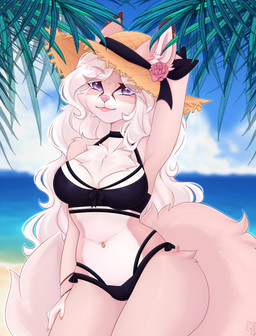 anthro beach biped bra breasts cheek_tuft chest_tuft clothing colored_nails curly_hair facial_tuft female female_anthro flower fluffy fluffy_tail fur hair hat headgear headwear lips long_hair looking_at_viewer nails navel navel_piercing palm_tree piercing pink_body pink_fur plant presenting purple_eyes rose_(flower) sea sky smile smiling_at_viewer solo standing tail thick_thighs thong tree tuft underwear water white_body white_fur white_hair yellow_nails beta_tata canid canine fox mammal 2025 colored digital_drawing_(artwork) digital_media_(artwork) hi_res shaded