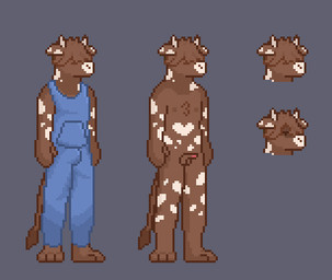 anthro brown_body bull_tail clothing horn male overalls solo spots tail tail_tuft tuft white_horn white_nose white_spots young young_male better_be_kid bovid bovine cattle mammal low_res