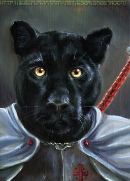 anthro armor black_body black_fur breastplate cape clothed clothed_male clothing fur grey_background looking_at_viewer male male_anthro melanistic simple_background solo text whiskers yellow_eyes green_roon vore_planet felid jaguar mammal pantherine colored oil_painting_(artwork) painting_(artwork) portrait traditional_media_(artwork) traditional_painting_(artwork) url