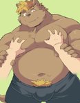 anthro brown_body brown_fur bulge clothing duo fur green_background humanoid_hands kemono male overweight overweight_male simple_background solo_focus underwear ayame42612 canid canine mammal 2020 hi_res