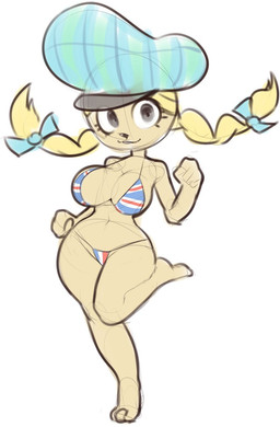 anthro beret big_breasts bikini black_eyes black_nose blonde_hair blue_bow braided_pigtails breasts clothing eyelashes feet female fur hair hat headgear headwear looking_at_viewer navel on_one_leg pattern_bikini pattern_clothing pattern_swimwear simple_background smile solo standing swimwear tan_body tan_fur thick_thighs two-piece_swimsuit white_background wide_hips plantpenetrator cartoon_network foster's_home_for_imaginary_friends patreon eurotrish chipmunk ground_squirrel imaginary_friend mammal rodent sciurid hi_res