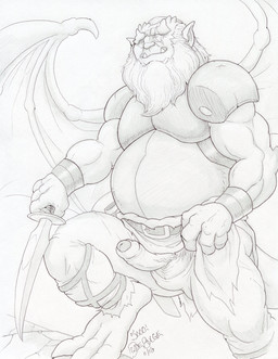 balls barefoot beard belly belt biceps big_belly big_muscles biped bottomwear claws clothing clothing_aside curved_penis dagger digitigrade dragon_wings erection eye_scar facial_hair facial_scar feet foreskin front_view genitals humanoid_genitalia humanoid_penis humanoid_pointy_ears loincloth long_beard looking_at_viewer male mature_male melee_weapon membrane_(anatomy) membranous_wings musclegut muscular muscular_humanoid muscular_male not_furry obese obese_humanoid obese_male overweight overweight_humanoid overweight_male partially_retracted_foreskin penis pointy_ears scar shoulder_pads smile solo spread_wings step_pose triceps vein veiny_penis weapon wing_claws wings dudebulge disney gargoyles hudson_(gargoyles) gargoyle humanoid absurd_res graphite_(artwork) greyscale hi_res monochrome signature traditional_media_(artwork)