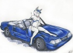 anthro biped blue_hair blue_highlights blush bodily_fluids breasts breath car clothed clothing ear_piercing ear_ring eyes_closed fangs female fingering fingering_self foxbody fur hair highlights_(coloring) masturbation muscle_car navel nipples on_hood open_mouth panting partially_clothed paws piercing pink_nipples pink_nose ring_piercing saliva simple_background sitting solo tail teeth tongue tongue_out vaginal vaginal_masturbation vehicle white_background white_body white_fur cadmiumtea ford ford_mustang canid canine canis coyote mammal traditional_media_(artwork)