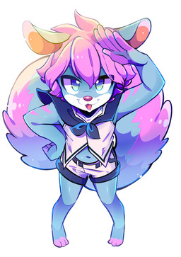 3_toes 5_fingers adolescent ambiguous_gender anthro arm_markings barefoot belt blue_body blue_clothing blue_ears blue_eyes blue_fur blue_tail bottomwear clothed clothing feet femboy fingerless_(marking) fingers fluffy fluffy_tail front_view fully_clothed fur gesture hair hand_on_hip high-angle_view iris kemono light looking_at_viewer markings midriff multicolored_body multicolored_fur navel no_pupils open_mouth open_smile orange_inner_ear pink_tongue pose purple_body purple_fur purple_hair purple_markings purple_nose purple_tail salute shorts simple_background slim smile solo standing tail toes tongue topwear two_tone_body two_tone_fur two_tone_tail white_background white_clothing young young_anthro hentaib zeke_(zekey) mammal mouse murid murine rodent sciurid absurd_res cool_colors digital_media_(artwork) full-length_portrait hi_res lighting portrait maleherm_(lore)