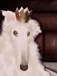 ambiguous_gender armchair black_nose brown_eyes chair crown feral fur furniture headgear long_snout snout solo white_body white_fur roberttristeart borzoi canid canine canis domestic_dog hunting_dog mammal sighthound 2023 3:4 hi_res photography_(artwork) portrait