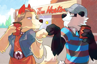 anthro belt beverage bottomwear bracelet building clothing coffee container cup dipstick_tail dress duo female fist_bump food front_view gesture hat headgear headwear holding_container holding_cup holding_object jewelry male markings necklace outside plant skirt sky star sun tail tail_markings tree super-tuler tim_hortons tairu bear canid canine canis giant_panda mammal wolf 3:2