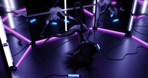 anthro ass_up augmented breasts challenge cybernetics detailed_background female hair jack-o'_pose machine mirror neon_lights nude pose solo synthetic the_dark_skull android canid canine canis cyborg fox jackal mammal robot wolf 3d_(artwork) absurd_res blender_(artwork) digital_media_(artwork) hi_res pinup