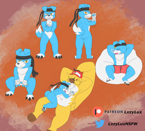 anthro belly blep blue_body blue_fur boxers_(clothing) butt claws clothing cuddling duo ears_as_hair featureless_crotch floppy_ears fur hair hair_over_eyes hat headgear headwear long_ears lop_ears lying male male/male navel nude on_back overweight ponytail_ears relaxing size_difference tail tail_motion tailwag tongue tongue_out underwear yellow_body yellow_fur lxzylux bandai_namco digimon quinn_(temporal_sins) angoramon digimon_(species) gaomon hi_res