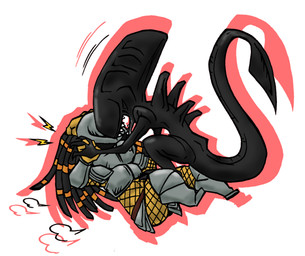 ambiguous_gender armor chibi dreadlocks duo electricity eyeless fight lightning male simple_background tail white_background unknown_artist alien_(franchise) alien_vs._predator_(franchise) predator_(franchise) alien humanoid xenomorph yautja 2010 crossover