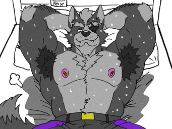 anthro areola armpit_hair barazoku barbell_piercing bed bed_covers bed_frame bed_sheet bedding belt biceps big_muscles bodily_fluids body_hair bottomwear chest_tuft clothed clothing excessive_sweat eye_patch eyebrows eyewear fur furniture hair half-closed_eyes hands_behind_head inside lying male manly multicolored_body muscular muscular_anthro muscular_male narrowed_eyes nipple_barbell nipple_piercing nipples on_back on_bed pants pecs piercing pillow pink_nipples red_eyes relaxing shirtless shirtless_anthro shirtless_male simple_background smile solo sweat sweat_stain text thick_arms topless topless_anthro topless_male tuft two_tone_body wet wet_body wet_fur white_background hmahnwd nintendo star_fox wolf_o'donnell canid canine canis mammal wolf 2025 4:3 digital_media_(artwork) english_text hi_res