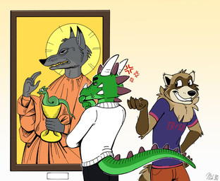 anthro art_gallery bottomwear clothing container cross-popping_vein cup fur holding_container holding_cup holding_object horn male painting_(object) pants picture_frame shirt simple_background smile standing sweater tail topwear nikraccoom mythology nik_(nik159) canid canine canis dragon mammal mythological_creature mythological_scalie procyonid raccoon reptile scalie snake wolf absurd_res digital_media_(artwork) hi_res