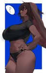 anthro arm_tuft big_breasts black_clothing black_crop_top black_nails black_panties black_shirt black_topwear black_underwear breasts brown_body brown_fur brown_hair chest_tuft clothed clothing colored_nails contrapposto crop_top elbow_tuft eyebrows eyelashes female floppy_ears fur hair hand_on_hip huge_breasts long_ears looking_aside looking_at_viewer looking_down looking_down_at_viewer lop_ears low-angle_view midriff nails open_mouth panties question_mark red_eyes scut_tail shirt short_tail side_view solo speech_bubble standing tail thick_thighs topwear tuft underwear woobin94 rabbit_girl_(woobin94) lagomorph leporid mammal rabbit hi_res