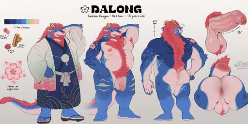 anthro antlers anus arm_tattoo asian_clothing ball_tuft balls beard blue_body blue_scales body_hair butt butt_hair clothing east_asian_clothing erection facial_hair footwear foreskin genitals geta hair half-closed_eyes happy_trail horn humanoid_genitalia humanoid_penis japanese_clothing kimono long_whiskers male muscle_tone musclegut muscular muscular_anthro muscular_male narrowed_eyes orange_hair pecs penis perineum scales solo tattoo text tuft vein veiny_penis whiskers white_body white_scales roseonapot mythology dragon eastern_dragon mythological_creature mythological_scalie scalie english_text hi_res model_sheet