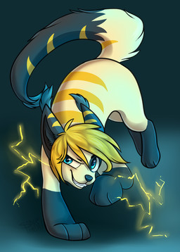 ambiguous_gender blonde_hair ear_tuft electricity feral fluffy fluffy_tail fur hair leg_markings markings smile socks_(marking) solo striped_body striped_fur stripes tail tail_tuft tuft ezpups shimmer_(ezpups) domestic_cat felid feline felis mammal 2015 hi_res