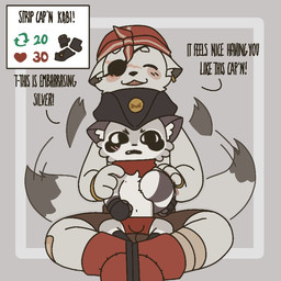 age_difference anthro black_eyes blush boots bottomwear clothed clothing duo embarrassed eye_patch eyewear footwear fur gloves grey_body grey_fur handwear like_goal male markings nipples on_lap pirate pirate_hat praise retweet_goal scarf shoes shorts simple_background size_difference strip_game striped_markings striped_tail stripes tail tail_markings tail_motion tailwag text underwear undressing young young_anthro young_male younger_male capnkabi kabi_(capnkabi) silver_(capnkabi) canid canine fox mammal procyonid raccoon 1:1 colored english_text