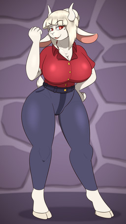 alternate_species anthro big_breasts breasts clothed clothing curvy_figure exposure_variation female front_view fur furrification goat_tail hair hooves horn huge_breasts looking_at_viewer red_eyes small_tail solo standing tail unguligrade voluptuous white_body white_fur white_hair white_horn wide_hips johnmarten helltaker goat_lucifer_(helltaker) bovid caprine caprine_demon demon goat mammal 4k 9:16 absurd_res hi_res