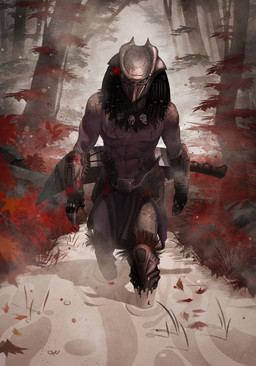 armor detailed_background dreadlocks headgear helmet looking_at_viewer male melee_weapon muscular muscular_humanoid muscular_male outside solo swamp sword tribal weapon yvanquinet predator_(franchise) falconer_predator alien humanoid yautja