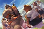 anthro bottomwear butt clothing detailed_background firefighter group humanoid_hands kemono male outside overweight overweight_male pants shirt shorts sitting topwear young young_anthro nion canid canine canis domestic_dog mammal suid suine sus_(pig) wild_boar 2021