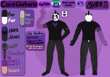 amputee anthro biceps biped black_body black_fur black_hair black_nose bottomwear butt clothed clothing color_swatch cybernetic_arm cybernetic_limb denim denim_bottomwear denim_clothing disability ear_piercing ear_ring eyebrows facial_hair facial_piercing fully_clothed fur gesture goatee hair heart_symbol jeans looking_at_viewer male mohawk muscular muscular_anthro muscular_male nose_piercing nose_ring notched_ear pants piercing plantigrade purple_body purple_eyes ring_piercing scar septum_piercing septum_ring shirt smile snaggle_tooth solo standing stated_height stated_sexuality tail text tongue tongue_out topwear waving white_body white_fur hyber cary_wuharin bear giant_panda mammal wuharian english_text hi_res model_sheet