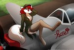 2018 adobe_photoshop_(artwork) aircraft airplane anthro biped bottomwear breasts canid canine canis chest_tuft cleavage clothed clothing colored conditional_dnp digital_media_(artwork) digitigrade female fur garter_straps green_eyes hair hat headgear headwear heart_symbol keidran legwear looking_at_viewer mammal one_leg_up p-47_thunderbolt pawpads paws_in_socks pinup pose raised_leg red_hair roselyn_(twokinds) sitting skimpy skirt smile solo stockings text thigh_highs tom_fischbach tuft twokinds uniform url vehicle white_body white_fur wolf