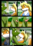 2010 animal_genitalia anthro balls blonde_hair breasts canid canine clothed clothing comic duo female fox genital_slit genitals hair half-erect interspecies kissing kitsune_youkai male mammal nude outside penis penis_tip reptile scalie
