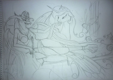 anthro anthrofied breasts cleavage clothed clothing column crown dress duo feathered_wings feathers female furniture headgear horn licking loose_feather lying pillar quill sofa text tongue tongue_out vein wings blueondrive european_mythology friendship_is_magic greek_mythology hasbro my_little_pony mythology philomena_(mlp) princess_celestia_(mlp) avian equid equine mammal mythological_avian mythological_bird mythological_creature mythological_equine mythological_firebird phoenix winged_unicorn 2014 absurd_res black_and_white english_text hi_res monochrome sketch