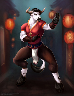 anthro black_body black_fur brown_hair clothed clothing front_view fur glistening glistening_eyes hair lamp lantern looking_at_viewer male male_anthro narrowed_eyes night orange_eyes outside short_hair solo standing white_body white_fur satanic_monkey bovid bovine cattle mammal hi_res