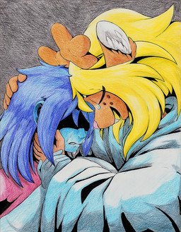 ambiguous_gender anthro bangs blonde_hair blue_body blue_hair blue_skin bodily_fluids buckteeth cartoon_freckles cloak clothing crying duo female freckled_face freckles hair holding_head hug inner_ear_fluff tears teeth tuft jazzmaster_j deltarune undertale_(series) kris_dreemurr noelle_holiday deer human mammal new_world_deer reindeer 2026 absurd_res hi_res traditional_media_(artwork)