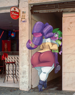 bare_shoulders big_butt biped blush boots bottomwear breasts butt clothed clothing detailed_background duo female footwear green_clothing green_hair green_shirt green_t-shirt green_topwear hair high_heeled_boots high_heels huge_butt humanoid_pointy_ears humanoidized larger_female male outside pants pointy_ears purple_body purple_bottomwear purple_clothing purple_hair purple_pants purple_skin red_bottomwear red_clothing red_skirt shirt shoes shoulderless_shirt size_difference skirt smaller_male t-shirt thick_thighs topwear white_body white_skin yellow_clothing yellow_topwear bigdad a_chance_encounter friendship_is_magic hasbro my_little_pony rarity_(mlp) spike_(mlp) humanoid meme
