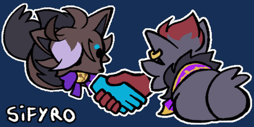 black_body black_fur blue_hand dot_eyes ear_piercing ear_ring emote facing_away_from_viewer fluffy fluffy_tail front_view fur gesture grey_body grey_fur handshake mane piercing purple_body purple_fur purple_ribbon purple_scarf red_body red_fur red_hand ribbons ring ring_piercing scarf simple_eyes sitting tail blitzdrachin conditional_dnp nintendo pokemon canid generation_5_pokemon mammal pokemon_(species) zorua 2:1 2_frame_animation animated animated_gif short_playtime