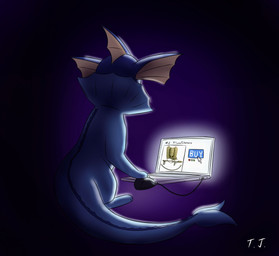 ambiguous_gender backlighting black_background blue_body computer computer_mouse dark_room electronics feral flamethrower laptop light looking_away m1_flamethrower ominous online_shopping ranged_weapon simple_background sitting solo tail text weapon timur_jachevsko nintendo pokemon eeveelution generation_1_pokemon mammal pokemon_(species) vaporeon english_text lighting signature