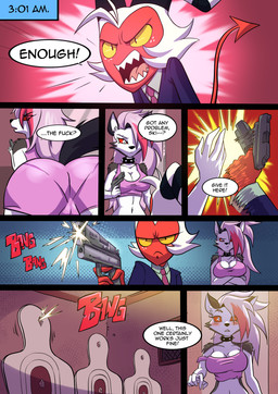 angry arm_tuft big_breasts blush blush_lines breasts camel_toe cartoon_freckles clothing dialogue duo eyelashes facial_tuft female freckled_face freckles gun long_eyelashes male pajamas ranged_weapon red_body red_sclera shooting shoulder_tuft spade_tail tail target_practice text tuft weapon yellow_sclera kato777 hellaverse helluva_boss mythology loona_(helluva_boss) moxxie_(helluva_boss) canid canid_demon canine demon hellhound imp mammal mythological_canine mythological_creature absurd_res comic english_text hi_res